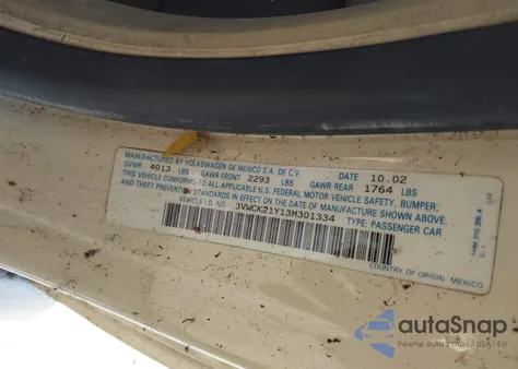 2003 Volkswagen New Beetle Gls z USA, uszkodzony, nr VIN 3VWCK21Y13M301334